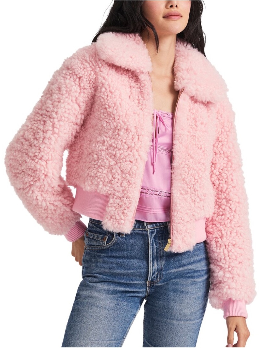 LoveShackFancy Morea Pink Faux Shearling Puffer Bomber